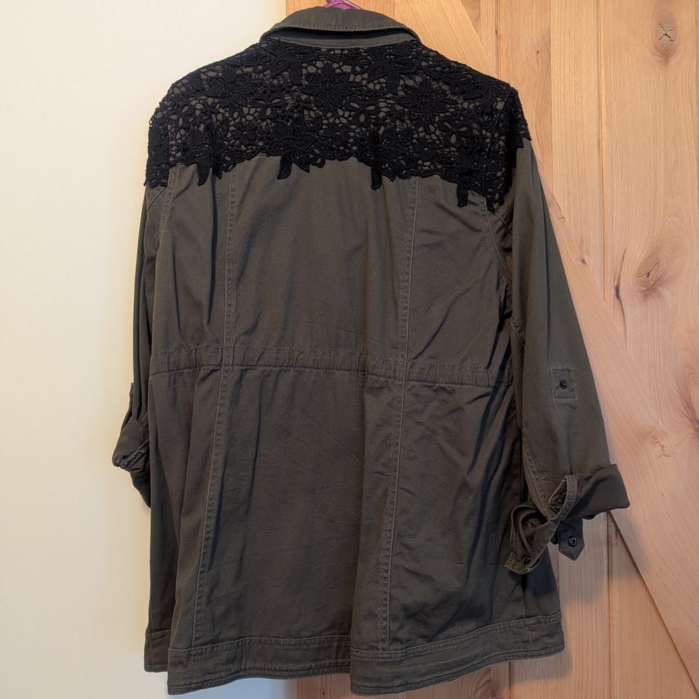 Exibit Women's Olive Green Jacket with Black Lace Detail - Picture 3 of 5